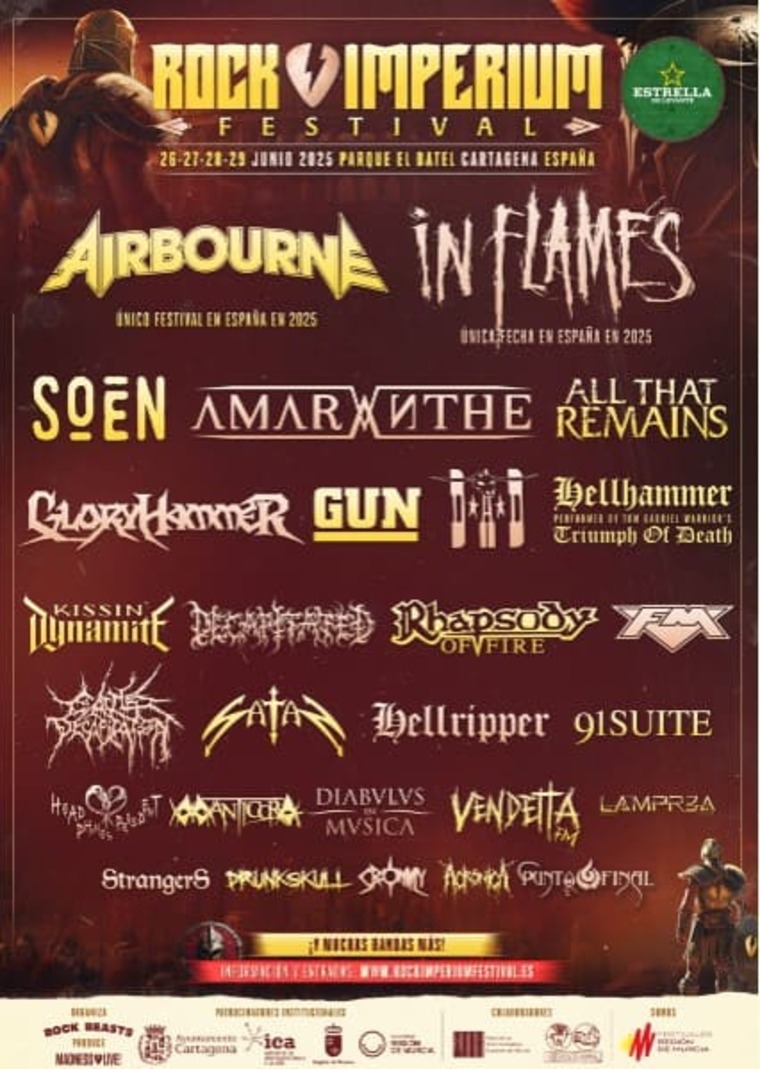 Cartel del Rock Imperium Festival 2025 en Cartagena, con bandas como Airbourne, In Flames, Soen y Amaranthe. Festival único en España con fechas del 26 al 29 de junio.