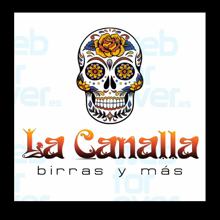 fondo blanco, calavera mexicana en el centro tipografía con características arabes en los acabados "La Canalla" naranja y granate y debajo con tipografía serif y thin y en negro "birras y más