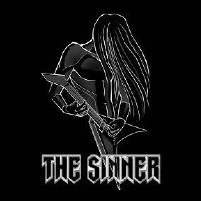 Fondo negro y en el centro hay la silueta de un guitarrista fuerte, con pelo largo cayendo por la cara y tocando la guitarra, contorno en blanco. y debajo con tipografía estilo metal y jugando con el contorno blanco y el cuerpo trasparente "the sinner"