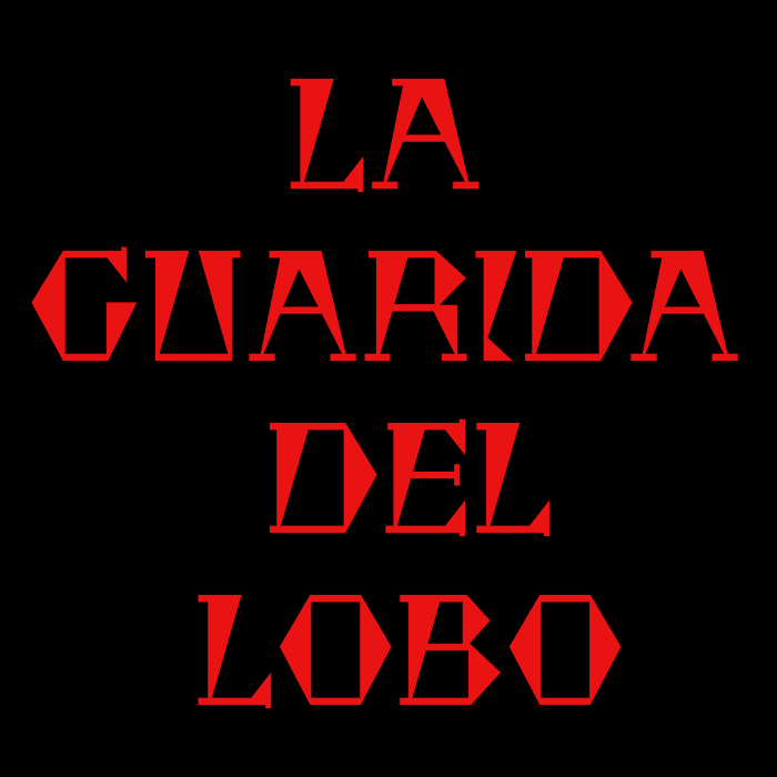 La imagen muestra un diseño gráfico que consiste en un texto estilizado. Hay tres palabras: la palabra superior es el número "GUARIDA" seguido de la palabra "DEL" y la siguiente palabra “LOBO” cada una en una linea escrita en letras mayúsculas. Todo el texto es de color rojo intenso con un efecto visual que parece sombreado o tridimensional, dándole un aspecto que se destaca sobre el fondo completamente negro. El estilo del texto es moderno y llamativo, y podría asociarse con un logotipo o un diseño promocional para algo que lleva el nombre de "LA GUARIDA DEL LOBO".