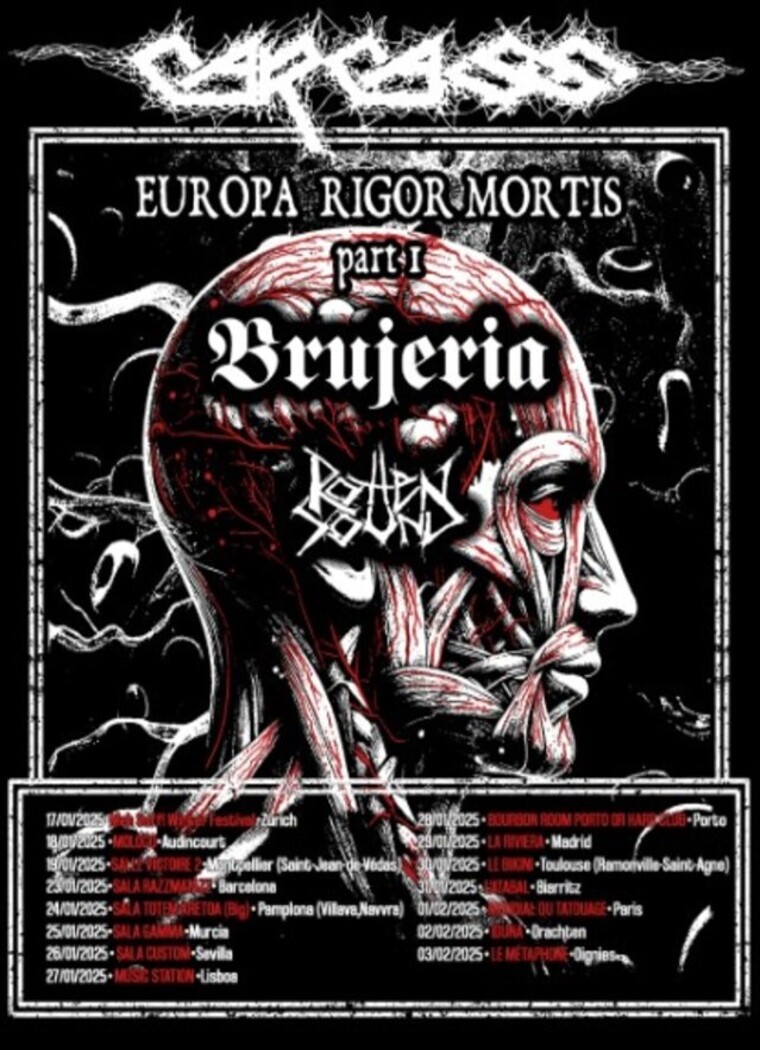 Poster del tour de Carcass, Brujería y Rotten Sound en Europa con fechas en varias ciudades de España.