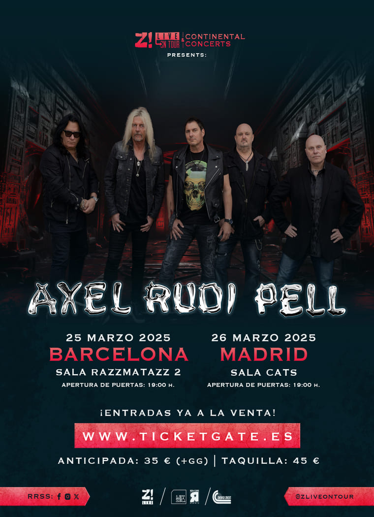 Cartel promocional de los conciertos de Axel Rudi Pell para su gira en 2025. La imagen muestra a los cinco miembros de la banda de pie, con Axel Rudi Pell al centro, vistiendo chaquetas de cuero y ropa oscura, sobre un fondo de arquitectura gótica con tonos rojizos que aportan un aire misterioso. Los detalles del cartel anuncian dos fechas en España:  25 de marzo de 2025 en Barcelona, Sala Razzmatazz 2, con apertura de puertas a las 19:00. 26 de marzo de 2025 en Madrid, Sala Cats, con apertura de puertas también a las 19:00. El cartel destaca la venta de entradas a través de "www.ticketgate.es" con precios anticipados de 35 € (más gastos de gestión) y 45 € en taquilla. La parte inferior incluye los logotipos de las redes sociales y de la promotora del evento.