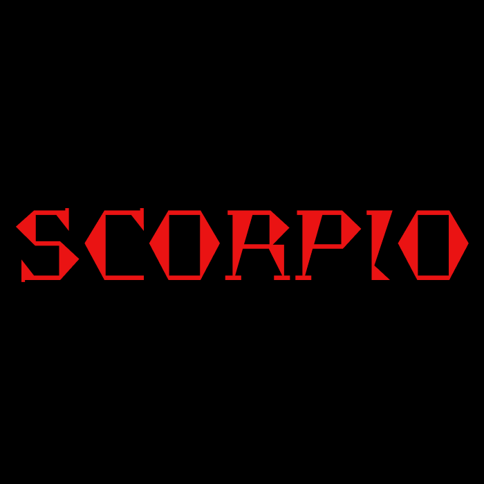 La imagen muestra un diseño gráfico que consiste en un texto estilizado. Hay una palabras: "SCORPIO", escrita en letras mayúsculas. Todo el texto es de color rojo intenso con un efecto visual que parece sombreado o tridimensional, dándole un aspecto que se destaca sobre el fondo completamente negro. El estilo del texto es moderno y llamativo, y podría asociarse con un logotipo o un diseño promocional para algo que lleva el nombre de "SCORPIO".