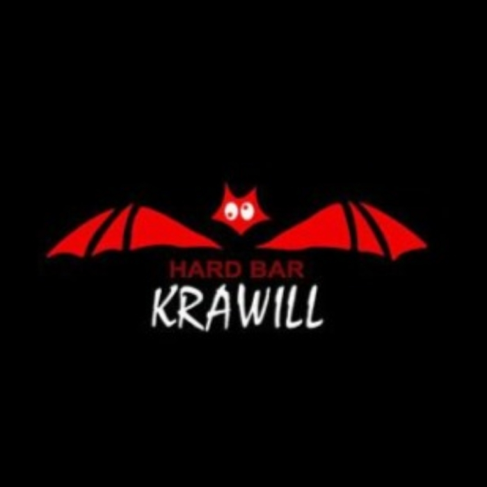 La imagen muestra un logotipo de aspecto gótico para "HARD BAR KRAWILL". En la parte superior del diseño, hay una representación estilizada de un murciélago con alas desplegadas en color rojo y con ojos intensos, lo que proporciona una imagen que se asocia comúnmente con la noche y la subcultura gótica o punk.  Debajo del murciélago, el nombre "KRAWILL" está escrito en una tipografía que parece hecha a mano, lo que le da al texto un carácter personal y desenfadado. Las palabras "HARD BAR" están por encima del nombre, indicando que el lugar es un bar que posiblemente se centra en la música rock dura o heavy metal, un ambiente que puede reflejarse en la decoración y la selección musical del establecimiento.  El uso del rojo y el negro contribuye a la atmósfera intensa y un poco misteriosa que el logotipo pretende evocar. El diseño es llamativo y probablemente eficaz para atraer a un público que disfruta de la música rock pesada, la vida nocturna y una estética alternativa.