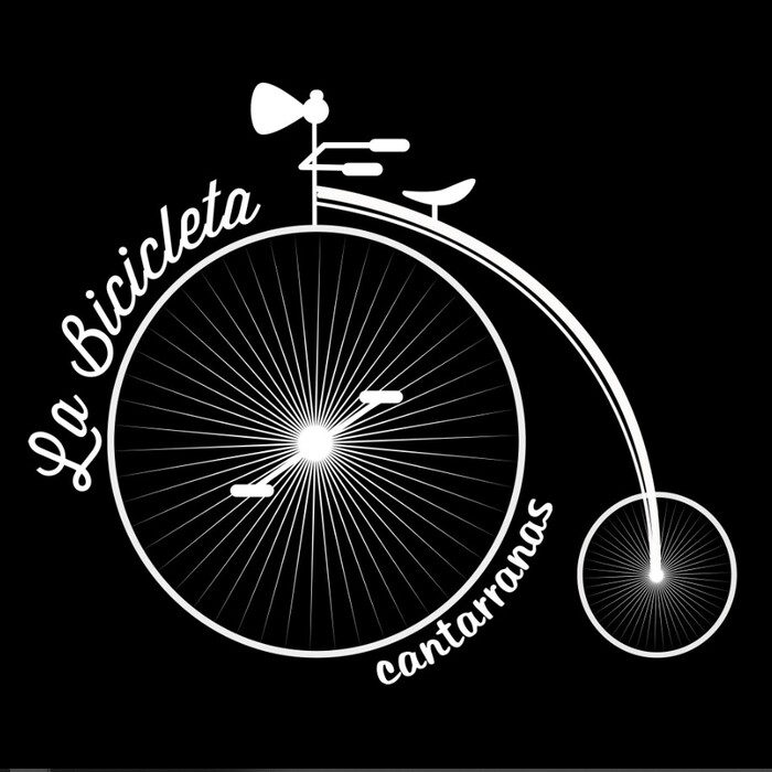 La imagen presenta un diseño gráfico minimalista y estilizado de una bicicleta de piñón fijo (fixie) con una gran rueda delantera y una pequeña trasera, reminiscente de las bicicletas de antaño, conocidas como "penny-farthing". El dibujo está realizado en líneas blancas simples sobre un fondo negro, destacando por su claridad y sencillez. En el arco superior de la rueda grande, aparece el texto "La Bicicleta" en una tipografía elegante y curvada, mientras que en la parte inferior se lee "cantarranas" en una fuente más pequeña y sutil. Esta composición evoca un sentido de nostalgia y clasicismo, siendo ideal para una marca o establecimiento que desee proyectar una imagen vintage o artística. El contraste de blanco sobre negro aporta un impacto visual fuerte, lo que hace que el diseño sea a la vez moderno y atemporal.