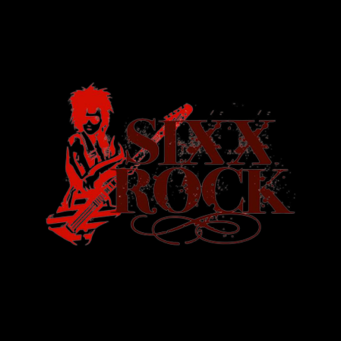 fondo negro. y en el centro hay una silueta de un guitarrista en rojo con pelo largo y gafas de sol. al lado derecho superpuesto a la guitarra hay escrito con letra estilo rock "sixx rock" en un color granate