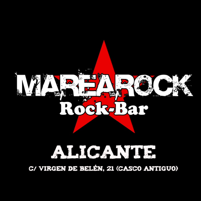 Logo con una estrella roja en medio y por encima de la estrella está escrito con tipografía sans display destrozada "Marearock" y debajo con una tipografía serif display rodon "Rock-Bar" abajo de todocon la misma tipografía a la primera "Alicante C/Virgen de Belén, 21 (Casco Antiguo)" todo esto sobre fondo negro