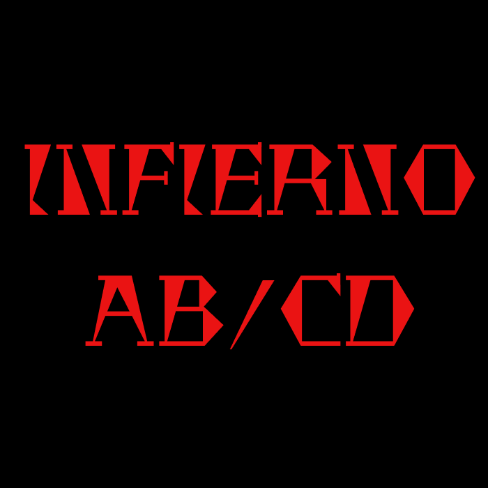 La imagen muestra un diseño gráfico que consiste en un texto estilizado. Hay dos palabras: la palabra superior es el número "INFIERNO" seguido de la palabra "AB/CD" cada una en una linea La palabra inferior es "ASES", escrita en letras mayúsculas. Todo el texto es de color rojo intenso con un efecto visual que parece sombreado o tridimensional, dándole un aspecto que se destaca sobre el fondo completamente negro. El estilo del texto es moderno y llamativo, y podría asociarse con un logotipo o un diseño promocional para algo que lleva el nombre de "INFIERNO AB/CD".