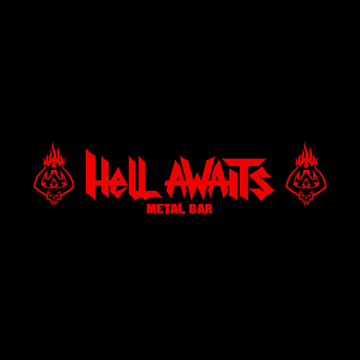 Logo con el nombre del garito "Hell awaits metal bar" en rojo con dos especies de antorchas en los laterales con llamas.