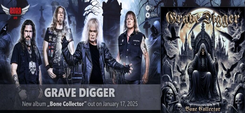 Cartel promocional del nuevo álbum de Grave Digger titulado "Bone Collector", que se lanzará el 17 de enero de 2025. La imagen refleja el ambiente oscuro y épico característico de la banda alemana, con elementos góticos que envuelven la portada del disco. Este trabajo promete ser un imperdible para los fanáticos del heavy metal clásico.