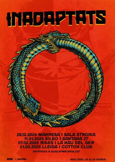 Cartel de la banda Inadaptats anunciando su gira de 2024 y 2025. El diseño incluye un llamativo fondo naranja con un motivo de dragón en forma de círculo, evocando el concepto del ouroboros. Se destacan las fechas y lugares de los conciertos en ciudades como Manresa, Bilbao, Figueres y Lleida.