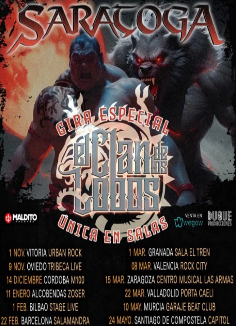 Gira de Saratoga 'El Clan de los Lobos', conciertos en España, noviembre 2024 a mayo 2025. Metal en Vitoria, Oviedo, Córdoba, Barcelona y más.