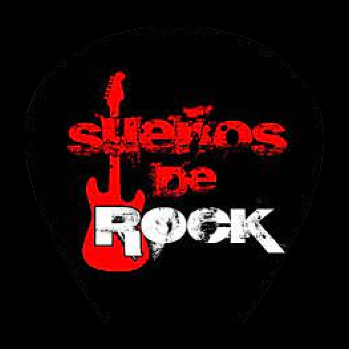 Logo con tipografía display desgastada escrito en rojo "Sueños de" en rojo y "Rock" en blanco y debajo y a la derecha de las letras hay una guitarra roja