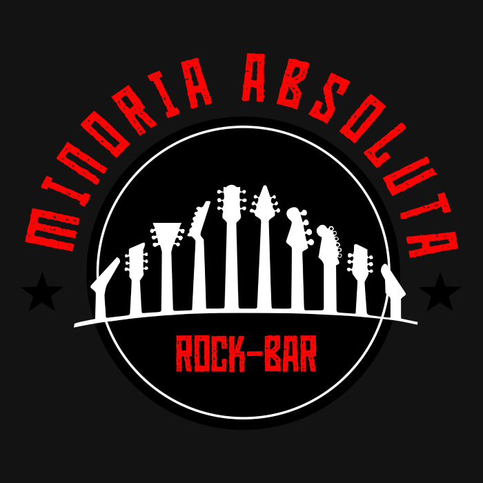 La imagen muestra un logotipo que parece pertenecer a un bar de rock. El fondo es de color negro y hay un diseño circular prominente en el centro. Dentro del círculo, hay siete siluetas blancas de guitarras eléctricas en posición vertical, formando una especie de semicírculo. La guitarra del centro es más grande que las demás y está ligeramente inclinada hacia la derecha. Sobre el semicírculo de guitarras, hay un texto en letras mayúsculas y de color rojo que dice "MINORIA ABSOLUTA", siguiendo la curvatura del círculo. Justo debajo de las guitarras, hay un texto más pequeño, también en letras mayúsculas y de color rojo, que dice "ROCK-BAR". El estilo del texto y el diseño general dan una impresión audaz y enérgica, que encaja bien con un ambiente de bar de rock.