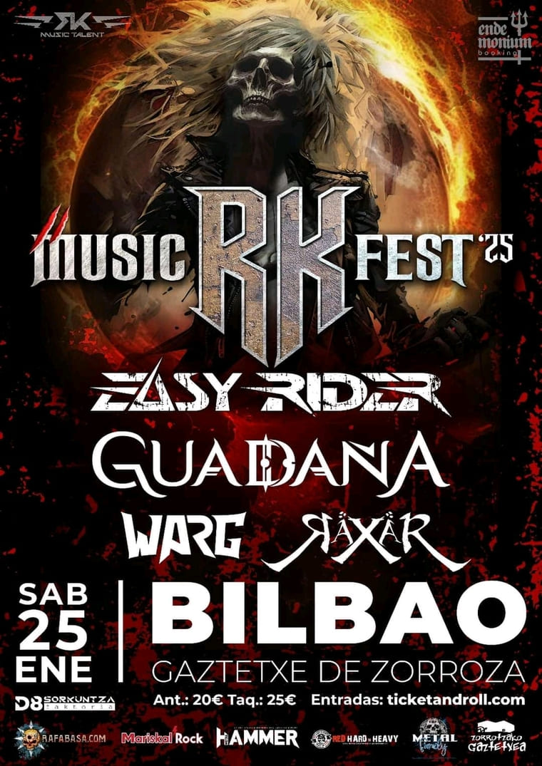 Cartel del Music RK Fest '25 con diseño oscuro y llamativo que presenta una figura esquelética con una melena blanca ardiente en el centro. Los nombres de las bandas participantes, como Easy Rider, Guadaña, Warg y Raxar, aparecen en letras góticas y estilizadas. El evento tendrá lugar el sábado 25 de enero en el Gaztetxe de Zorroza en Bilbao, con entradas anticipadas a 20€ y en taquilla a 25€, disponibles en ticketandroll.com