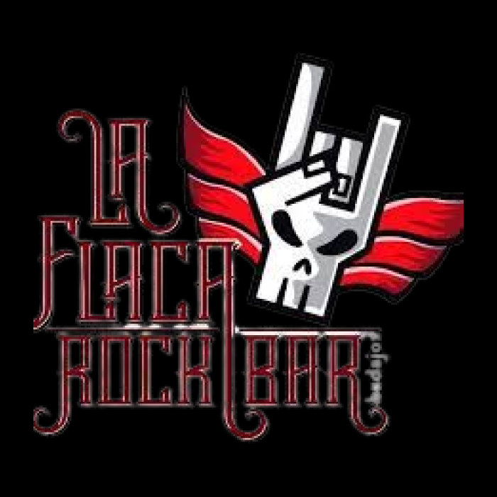 TIpografía display gótica con florituras "La Flaca Rock Bar" y a su derecha hay una mano con cuernos heavys representando una calavera blanca y la mano tiene alas rojas