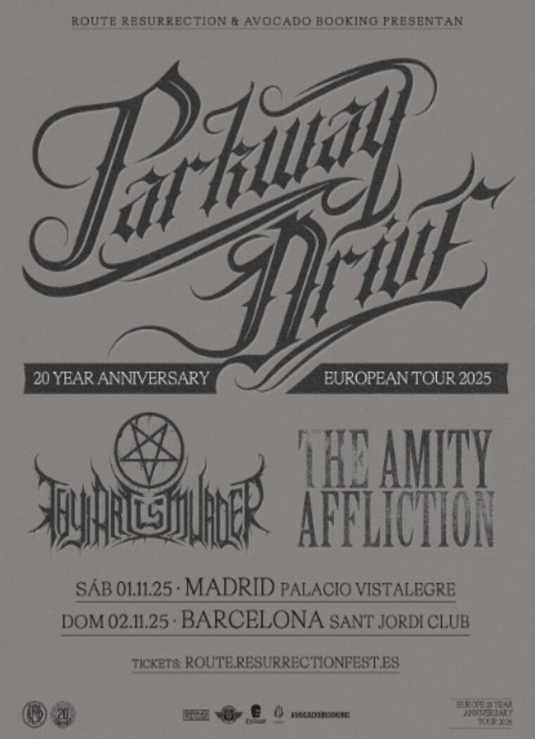 Cartel del tour europeo 2025 de Parkway Drive, con fechas programadas en Madrid (01 de noviembre en Palacio Vistalegre) y Barcelona (02 de noviembre en Sant Jordi Club). Además, el cartel presenta a bandas invitadas como Thy Art Is Murder y The Amity Affliction. Las entradas están disponibles en route.resurrectionfest.es.