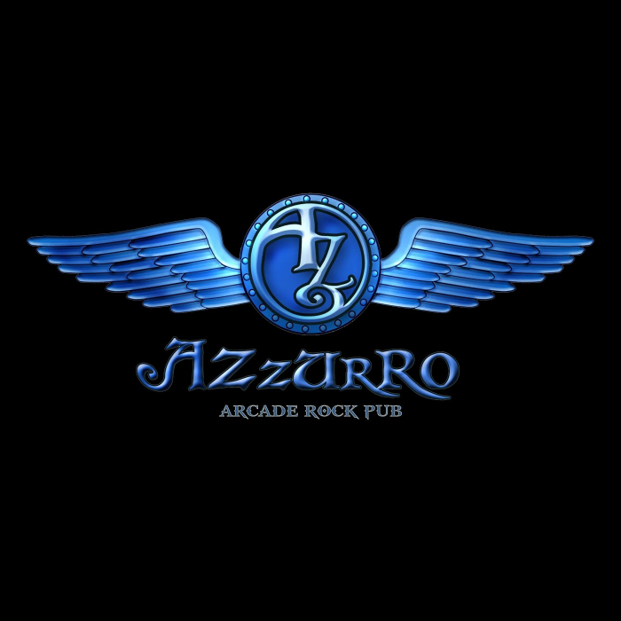 Logo Azul de una redonda con alas de angel dentro ajustada a la redonda hay escrita "AZ" abajo hay escrito con tipografia serif display con florituras "Azzuro" y debajo con una tipografia serif está escrito "Arcade rock pub"