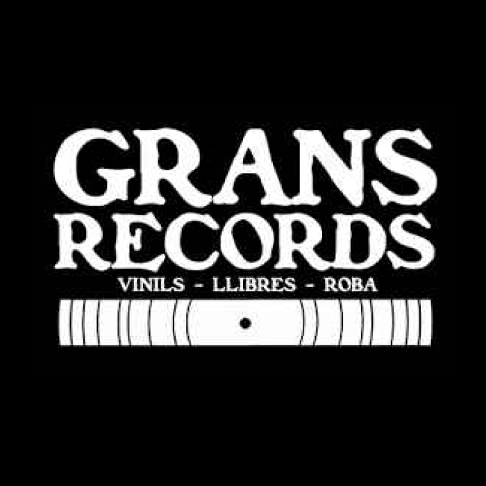 Fondo negro, con letras blancas tipografía serif "Grans records" y abajo pone en letra más pequeña "Vinils-llibres-roba" debajo hay un rectángulo con líneas que simulan un vinilo