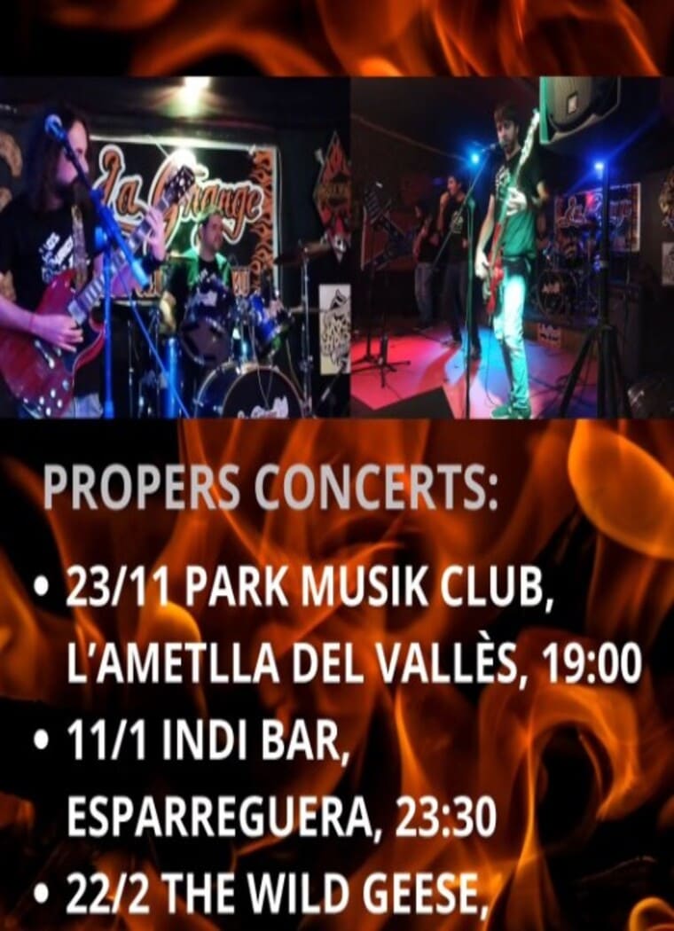 Imagen promocional que anuncia los próximos conciertos de Los Lirios del Valle. El cartel destaca las fechas y ubicaciones de sus presentaciones, comenzando el 23 de noviembre en el Park Musik Club de L'Ametlla del Vallès a las 19:00 horas, seguido del 11 de enero en el Indi Bar de Esparreguera a las 23:30 horas, y concluyendo el 22 de febrero en The Wild Geese. La imagen incluye fotografías en vivo de la banda, rodeadas por un fondo de llamas, resaltando su energía y pasión en el escenario.