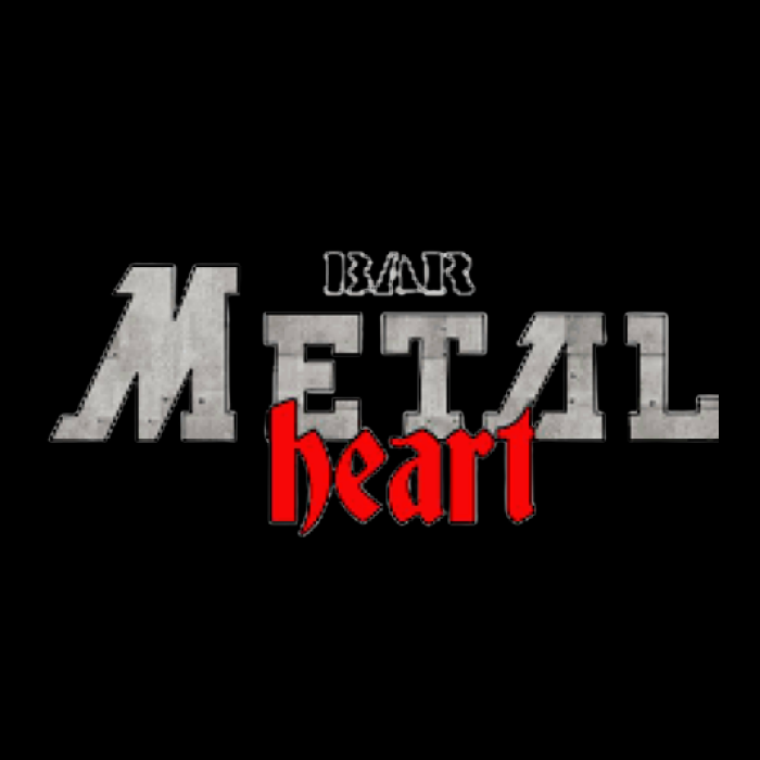 Fondo negro y en el centro con tipografía parecida a metallica "Bar" este solo tiene el contorno, debajo "Metal" con un color metalizado y debajo superpuesto "heart" en rojo