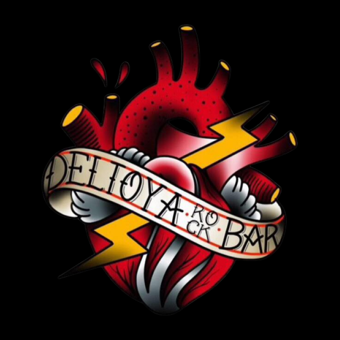 Fondo negro con un dibujo de corazón estilo tatuaje old school "Deltoya rock bar" con tipografía de tatuaje