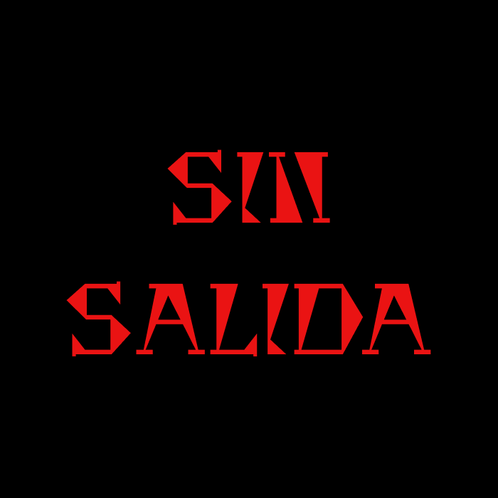 La imagen muestra la frase "SIN SALIDA" en dos líneas de texto, con cada letra en un color rojo intenso y una tipografía que tiene un efecto de corte o desgaste, creando un estilo grunge o de stencil. El fondo es completamente negro, lo que hace que las letras rojas resalten fuertemente y sean el foco principal de la imagen.  El mensaje "SIN SALIDA" podría interpretarse de manera literal como "sin salida" o "no hay salida", sugiriendo un concepto de encierro o limitación, o podría ser el nombre de un lugar, evento o concepto artístico. La elección del color y el estilo de la fuente transmiten una sensación de urgencia o intensidad, lo que podría ser apropiado para un establecimiento o evento con un tema emocionante o intenso.