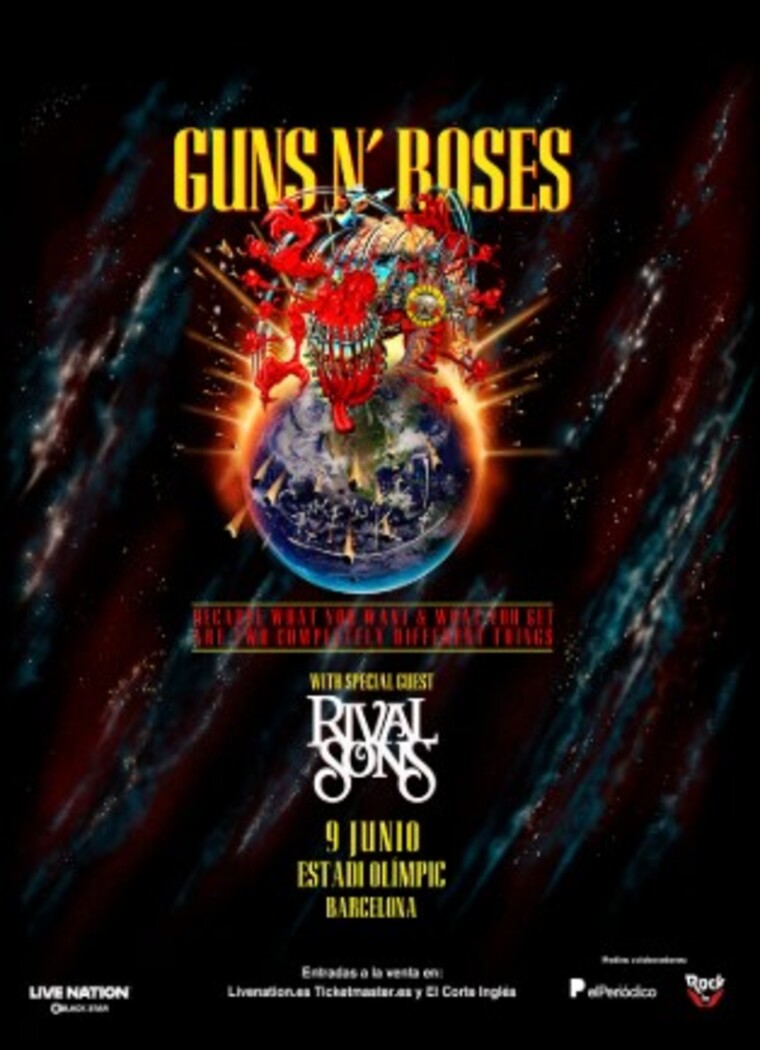 Cartel promocional del concierto de Guns N' Roses con la participación especial de Rival Sons. El evento tendrá lugar el 9 de junio de 2024 en el Estadi Olímpic de Barcelona. El diseño muestra un planeta Tierra en llamas con una figura roja estilizada encima, rodeada de explosiones y destellos, evocando una estética apocalíptica. Entradas disponibles en Livenation.es, Ticketmaster.es y El Corte Inglés.