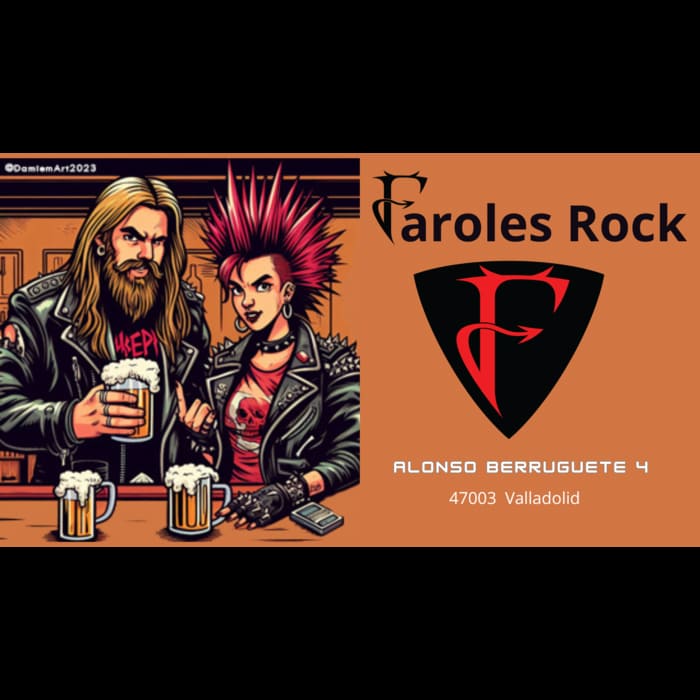 Imagen promocional del bar 'Faroles Rock' ubicado en Alonso Berruguete 4, 47003 Valladolid. La ilustración muestra a dos personajes con estética rockera y punk, uno con larga melena rubia y barba, y otro con un peinado mohawk rosa, ambos vistiendo chaquetas de cuero con tachuelas. Están sentados en un bar disfrutando de unas cervezas. A la derecha de la imagen aparece el nombre y el logotipo del bar en un fondo marrón, con una gran 'F' estilizada en negro y rojo.