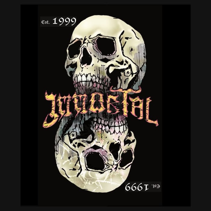 La imagen muestra un logotipo con la palabra "IMMORTAL" en la parte superior con una tipografía que recuerda al estilo de letras utilizado en los logotipos de bandas de metal, caracterizado por bordes puntiagudos y una sensación de movimiento. Debajo, el texto "ROAD" aparece en una tipografía más convencional y sólida. Entre las dos palabras, hay un ícono que parece ser una rueda o un engranaje con una llama en el centro, lo que podría simbolizar la velocidad, la energía y la pasión.  El uso del blanco sobre un fondo negro da al logotipo un contraste fuerte y hace que sea llamativo y fácilmente reconocible. El diseño del logotipo sugiere que podría ser para un bar temático, un club de motociclistas, un local de música en vivo, o quizás una marca relacionada con el estilo de vida de carretera o motociclismo.  El nombre "Immortal Road" evoca la idea de un viaje sin fin o una aventura eterna, lo que puede resonar con un público que valora la libertad y la exploración. El diseño general del logotipo transmite fuerza y durabilidad, y podría atraer a aquellos interesados en una cultura que celebra la resistencia y la rebeldía.