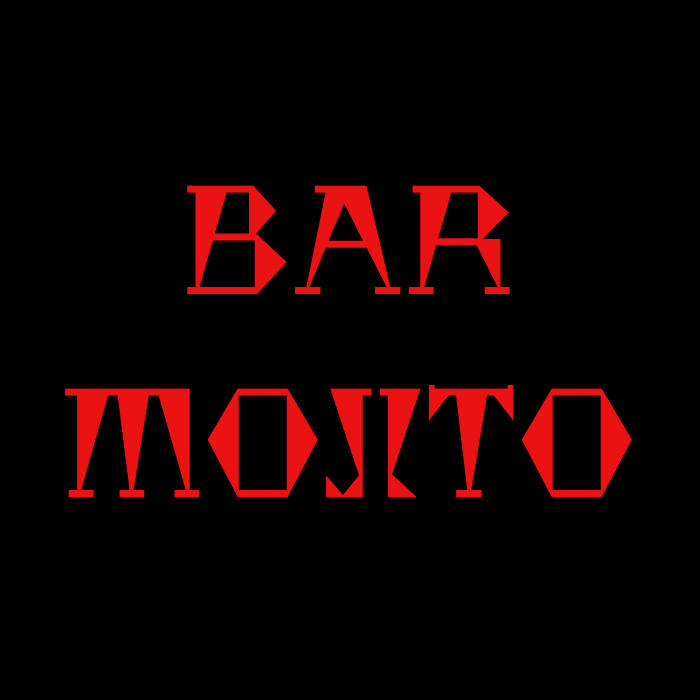 La imagen muestra un diseño gráfico que consiste en un texto estilizado. Hay dos palabras: la palabra superior es el número "BAR" seguido de la palabra "MOJITO" cada una en una linea La palabra inferior es "ASES", escrita en letras mayúsculas. Todo el texto es de color rojo intenso con un efecto visual que parece sombreado o tridimensional, dándole un aspecto que se destaca sobre el fondo completamente negro. El estilo del texto es moderno y llamativo, y podría asociarse con un logotipo o un diseño promocional para algo que lleva el nombre de "BAR MOJITO".