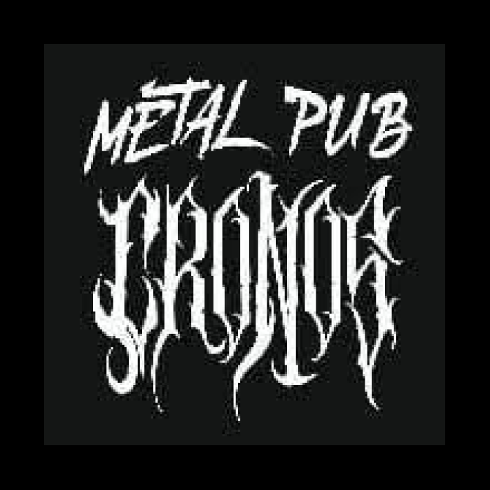 Fondo negro y tipografía blanca display "Metal pub" y debajo como una tipografía como unas zarzas de espinas que pone "Cronos"