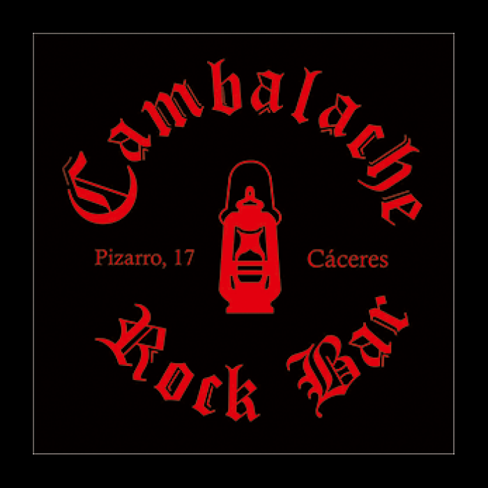 Logo circular con tipografía gótica donde pone "Cambalache" "Rock bar" y en el centro en letras serif y de tamaño pequeño "Pizarro, 17" en el centro hay la silueta de un porta velas antigüo y al otro lado con la misma tipografía "Cáceres"