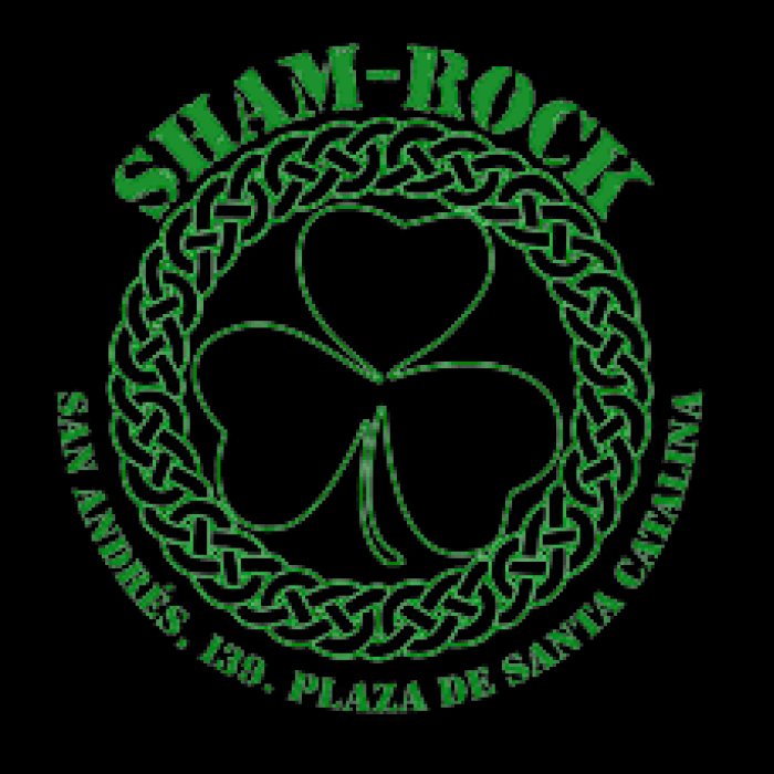 Logo verde circular con trebol en medio rodeado de unos patrones que lo rodea una tipografía sans serif display que dice "Sham rock" "R. San Andrés, 139 / Plazas santa Catalina" y el fondo negro