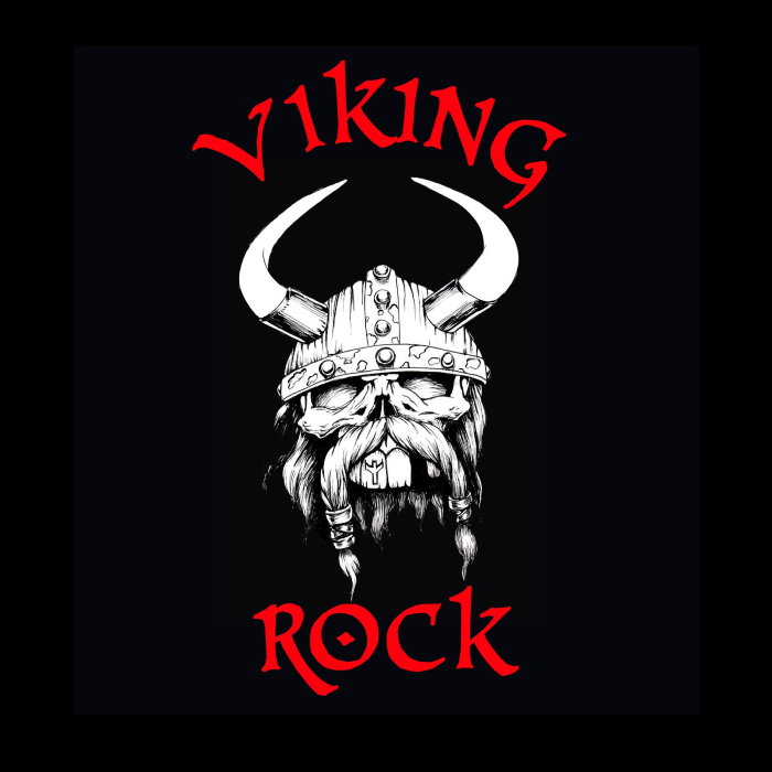 Fondo negro y en el centro superior hay escrito con tipografía vikinga "viking· en rojo, debajo hay un dibujo realista de una calavera vikinga con barba y el casco vikingo con sus cuernos. y debajo "Rock" con la misma tipografía