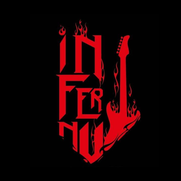 La imagen muestra un logotipo dramático y estilizado que incluye la palabra "INFERNU" en letras mayúsculas, con un diseño que recuerda a la estética gótica o al estilo típico del heavy metal. Las letras son rojas sobre un fondo negro, y están decoradas con llamas ascendentes que le añaden un aspecto de fuego y energía.  El diseño utiliza las llamas para integrar visualmente la imagen de una guitarra eléctrica en la letra "N", lo que sugiere una fuerte conexión con la música, en particular con el rock o el heavy metal, donde las imágenes de fuego y las referencias al infierno son comunes.  El uso del rojo y el negro es típico de los logotipos que buscan transmitir pasión, poder y una cierta intensidad rebelde. Este logotipo podría pertenecer a un bar de rock, una sala de conciertos, o incluso una banda de música que busca proyectar una imagen fuerte y vibrante. El nombre "Infernu", que significa infierno en euskera, junto con la estética del logotipo, podrían atraer a un público que se identifica con una subcultura más oscura y enérgica.