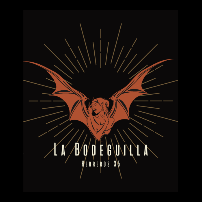 La imagen muestra un logotipo estilizado para "La Bodeguilla", ubicado en la dirección "Herreros 35". El diseño central presenta una figura con alas de murciélago, probablemente una representación estilizada de un vampiro o una criatura de la noche, que a menudo se asocian con la temática del rock y ambientes oscuros o místicos.  La figura está colocada sobre un fondo de rayos de luz, lo que le da un efecto dramático, como si estuviera emergiendo o siendo iluminada por una luz resplandeciente. El uso de un esquema de color monocromático con la figura y los rayos en tonos de naranja sobre un fondo negro añade un fuerte contraste visual.  El texto "LA BODEGUILLA" está en una fuente serif clásica, lo que sugiere una sensación de tradición o un establecimiento con un ambiente acogedor. La combinación del nombre del bar con la imagen sugiere que puede ser un lugar que ofrece una experiencia única, posiblemente combinando el encanto de una bodega tradicional con un toque de cultura rock o alternativa.  La elección de la tipografía, junto con la imagen central y el diseño de rayos, crea un logotipo atractivo y memorable que podría atraer a clientes interesados en música, cultura nocturna y ambientes temáticos.