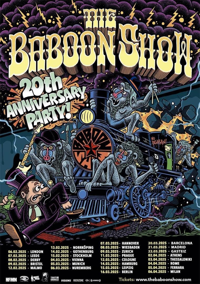 Cartel del 20º aniversario de The Baboon Show. Gira 2025 por Europa. Fechas en España: 20/03 en Barcelona, 21/03 en Madrid, 22/03 en Gasteiz. Diseño colorido con monos en una locomotora