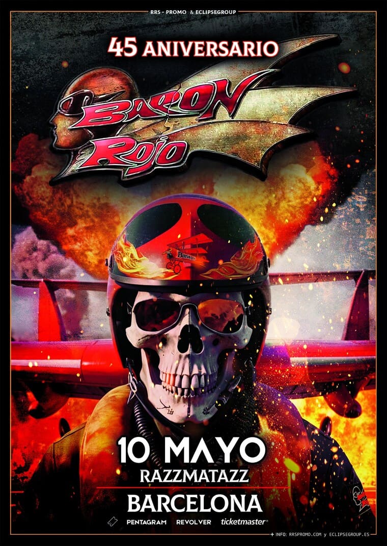 Cartel del 45 aniversario de Barón Rojo, icónica banda española de heavy metal. El evento se celebrará el 10 de mayo en la sala Razzmatazz de Barcelona. La imagen principal muestra a una calavera con casco de aviador frente a un fondo de llamas y un avión rojo, simbolizando la temática de la banda. En la parte inferior del cartel se detallan los patrocinadores y la información de entradas, las cuales se pueden adquirir a través de Ticketmaster