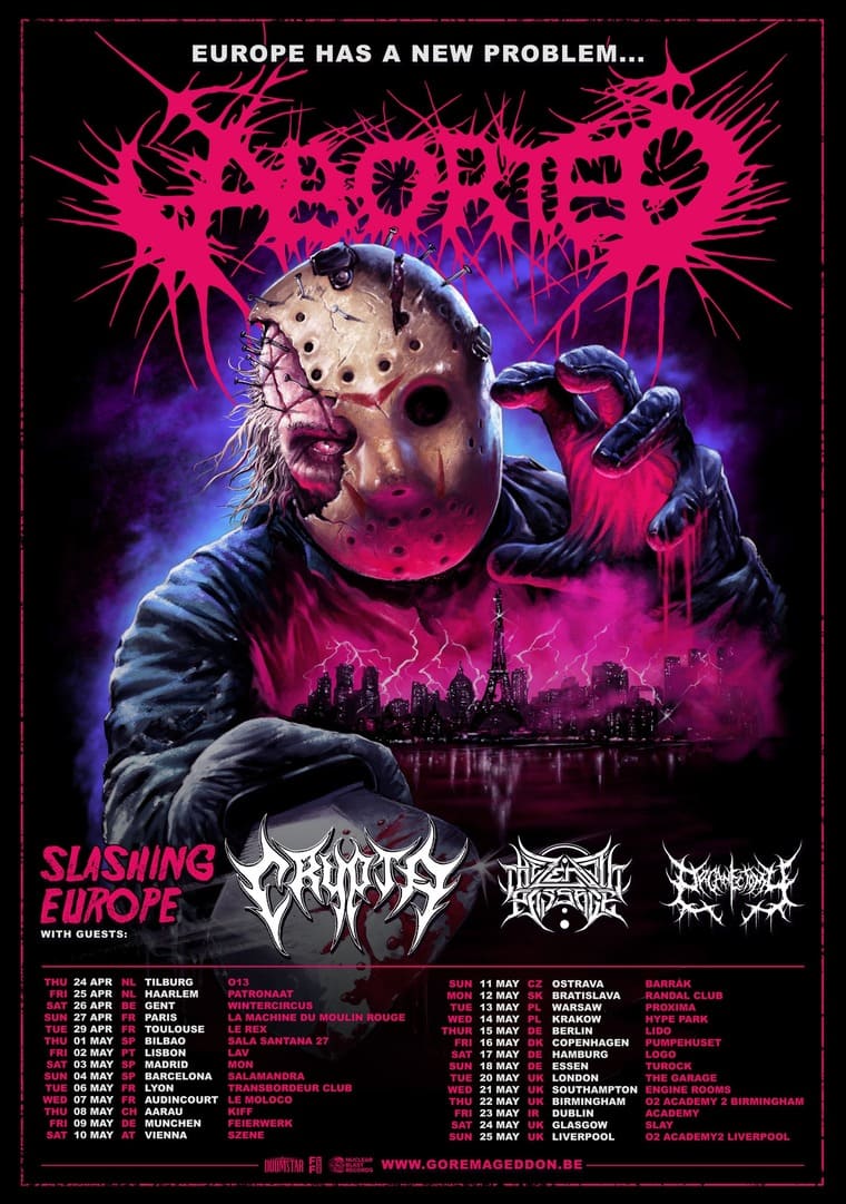 Cartel de la gira europea de Aborted, 'Slashing Europe', en 2024 con invitados Craniotomy, Mental Cruelty y Bonecarver