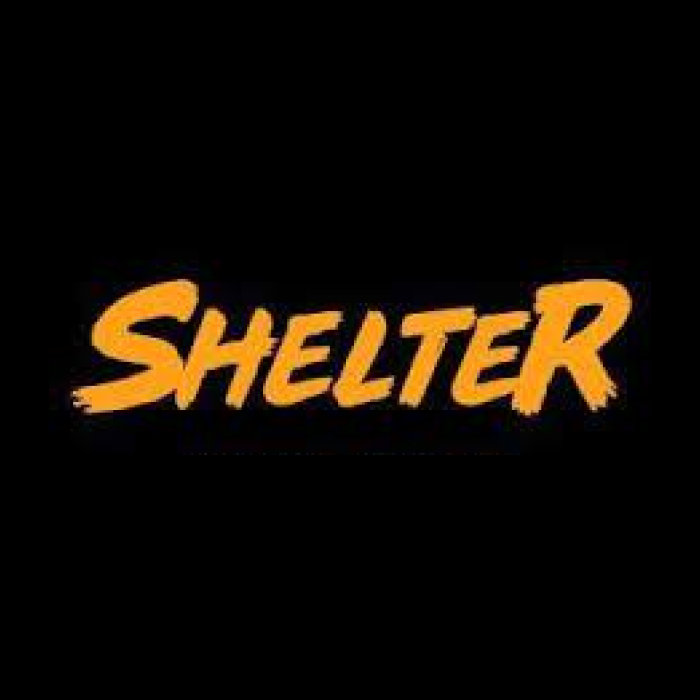 Logo tipográfico handscrip donde pone "Shelter" en amarillo