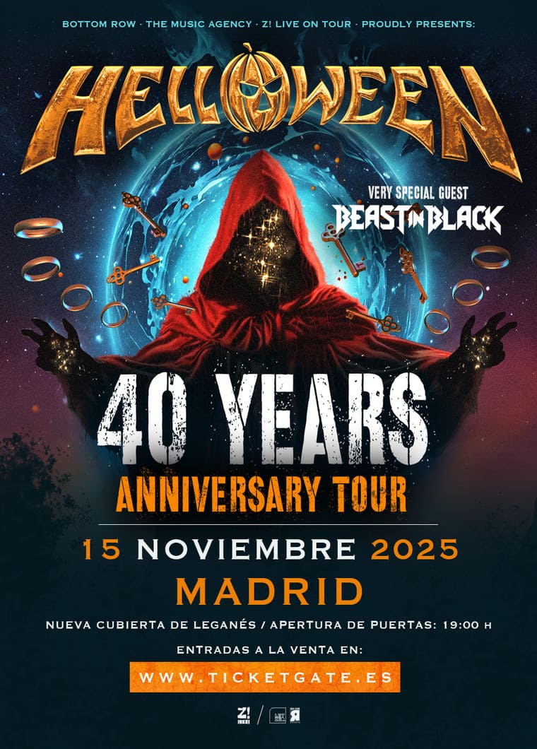 Cartel promocional del 40 Years Anniversary Tour de Helloween, acompañado como invitado especial por Beast in Black. La imagen muestra una figura encapuchada en rojo con un halo de misterio, rodeada de anillos flotantes y un fondo cósmico azul vibrante. El evento está programado para el 15 de noviembre de 2025 en la Nueva Cubierta de Leganés, Madrid, con apertura de puertas a las 19:00 horas. Entradas disponibles en www.ticketgate.es