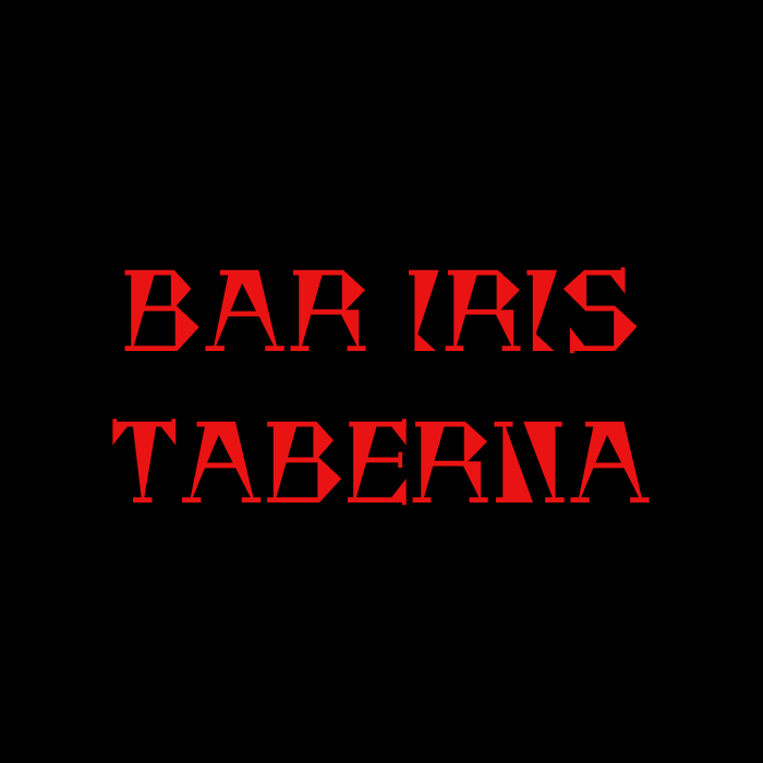 La imagen muestra un texto en dos líneas con la inscripción "BAR IRIS TABERNA" en letras mayúsculas de color rojo sobre un fondo negro. La tipografía es serif, con detalles que parecen desgastados o con un efecto de corte, lo que da a las letras un aspecto rústico y distintivo. La disposición del texto es sencilla y directa, con "BAR IRIS" en la línea superior y "TABERNA" justo debajo, extendiéndose a lo largo de la misma anchura que la línea superior. El estilo del texto sugiere un ambiente tradicional, posiblemente un establecimiento de hostelería con un toque clásico o antiguo. El contraste de colores es fuerte, lo que hace que el texto sea muy legible y llamativo.