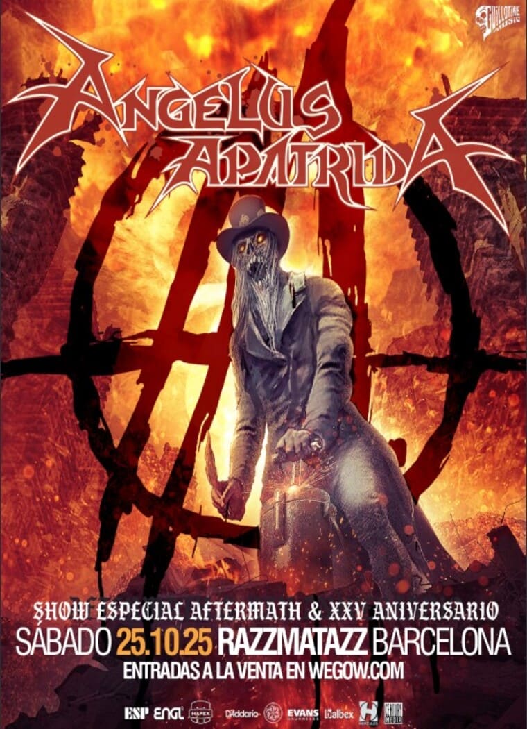 Cartel promocional de Angelus Apatrida anunciando su concierto especial "Aftermath" y celebración del XXV aniversario. El evento será el sábado 25 de octubre de 2025 en la sala Razzmatazz, Barcelona. En el diseño destaca una figura siniestra sobre un fondo de llamas intensas, reflejando la energía y potencia del thrash metal de la banda. Entradas disponibles en wegow.com.