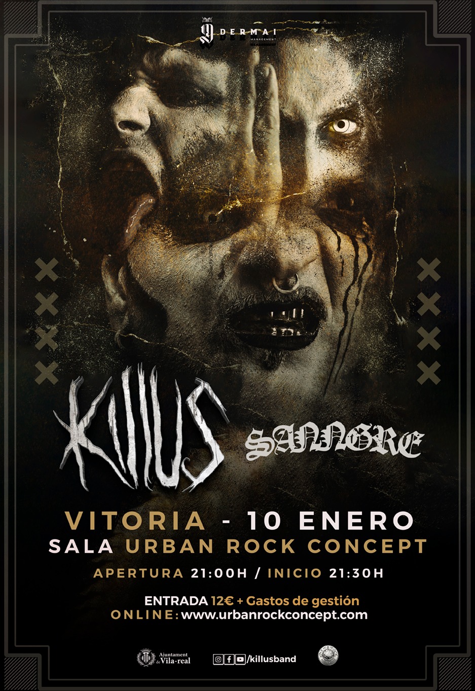 Cartel promocional del concierto de Killus en Vitoria el próximo 10 de enero, acompañado por Sangre. Este diseño de impacto incluye una oscura y artística imagen central que refleja el tono de la música de ambas bandas, con detalles desgarradores que llaman la atención. El evento tendrá lugar en la Sala Urban Rock Concept, con apertura de puertas a las 21:00h e inicio a las 21:30h. Las entradas están disponibles por 12€ más gastos de gestión a través de la web oficia