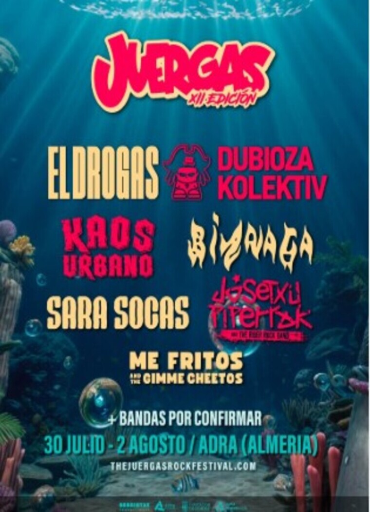 Cartel oficial de The Juergas Rock Festival XII Edición, que se celebrará del 30 de julio al 2 de agosto de 2025 en Adra, Almería. Entre los artistas destacados se encuentran El Drogas, Dubioza Kolektiv, Kaos Urbano, Sara Socas, Biznaga y Josetxu Piperrak. El diseño presenta un fondo submarino con burbujas y corales, destacando los nombres de las bandas en colores vivos. Se promete un festival lleno de energía y música rock en un entorno inigualable junto al mar.