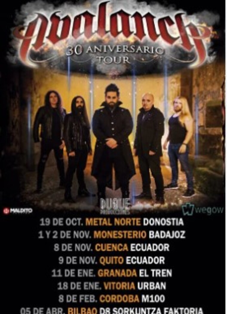 Cartel de Avalanch para su gira 30 aniversario, con fechas que incluyen Donostia, Badajoz, Cuenca, Quito, Granada, Vitoria, Córdoba y Bilbao.