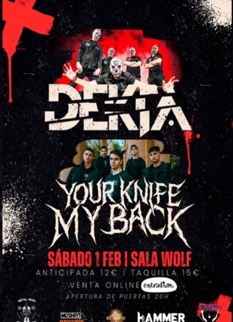 Cartel del concierto de Dekta y Your Knife My Back, el sábado 1 de febrero en la Sala Wolf. La imagen muestra a los miembros de Dekta con máscaras blancas y trajes oscuros sobre un fondo rojo y negro, con una estética agresiva y sombría. La banda Your Knife My Back aparece en una imagen inferior, vestidos de negro con actitud desafiante. Información de entradas: anticipada 12 € y taquilla 15 €, con apertura de puertas a las 20:00 horas. Venta online disponible en Entradium