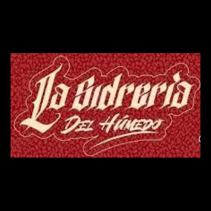 Tipografía gótica "La sidrería" y debajo con tipografía handscript "Del húmedo" y todo esto rodeado por la forma de las letras por una línea fina