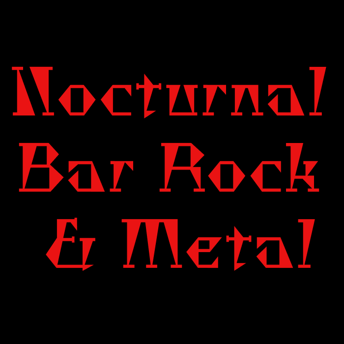 La imagen muestra un diseño gráfico que consiste en un texto estilizado. Hay tres palabras: la palabra superior es el número "NOCTURNAL" seguido de la palabra "ROCK AND" y la siguiente palabra “METAL” cada una en una linea escrita en letras mayúsculas. Todo el texto es de color rojo intenso con un efecto visual que parece sombreado o tridimensional, dándole un aspecto que se destaca sobre el fondo completamente negro. El estilo del texto es moderno y llamativo, y podría asociarse con un logotipo o un diseño promocional para algo que lleva el nombre de "NOCTRNAL ROCK AND METAL".